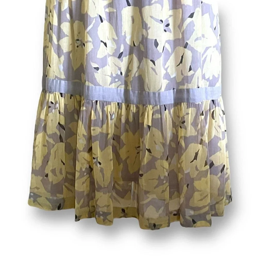 Vintage 80s Womens Midi Dress Sz M Gray Yellow Floral Boho Blouson Cotton Gauze - Picture 7 of 11